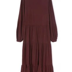 Ivy + Jack Remi Raisin Cotton LS Frill V Neck Maxi Shirt Dress Fashion