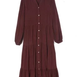 Ivy + Jack Remi Raisin Cotton LS Frill V Neck Maxi Shirt Dress Fashion