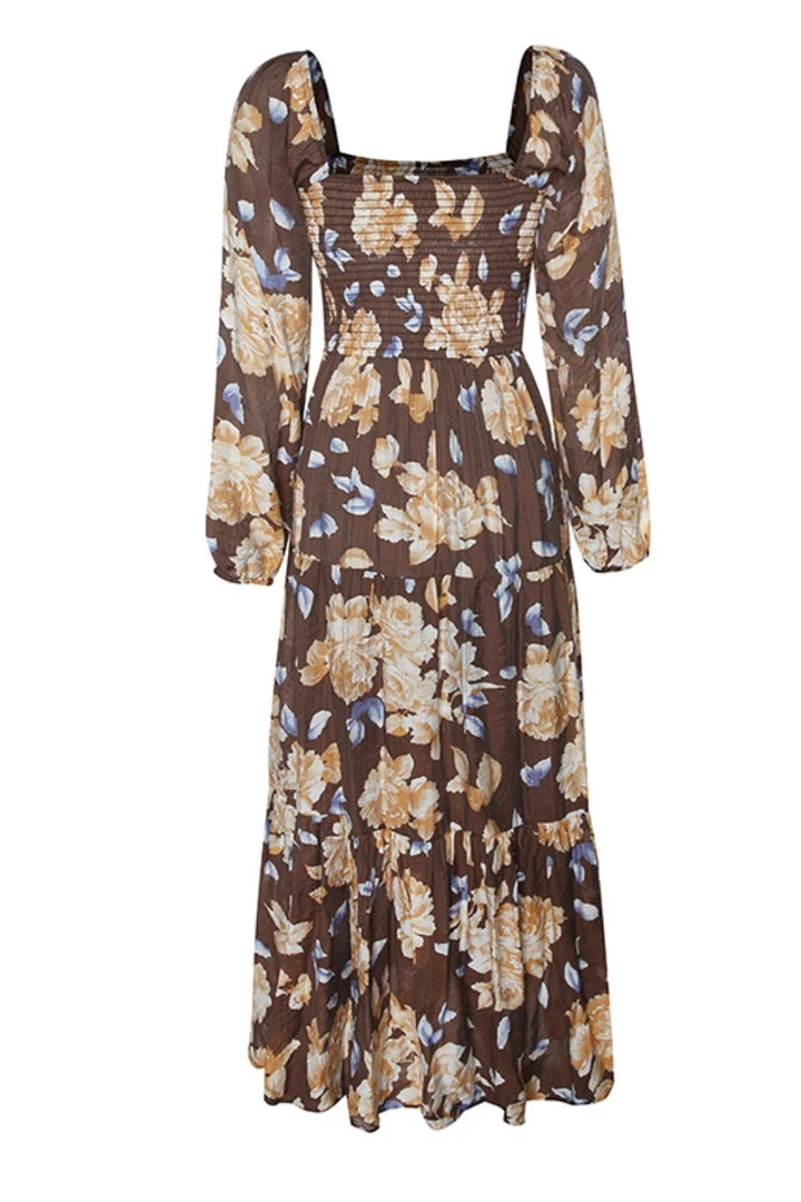 Ivy + Jack Ruby Mocha Floral LS Shirred Bodice Tiered Midi Dress Fashion 7 Ivy + Jack Ruby Mocha Floral LS Shirred Bodice Tiered Midi Dress Fashion