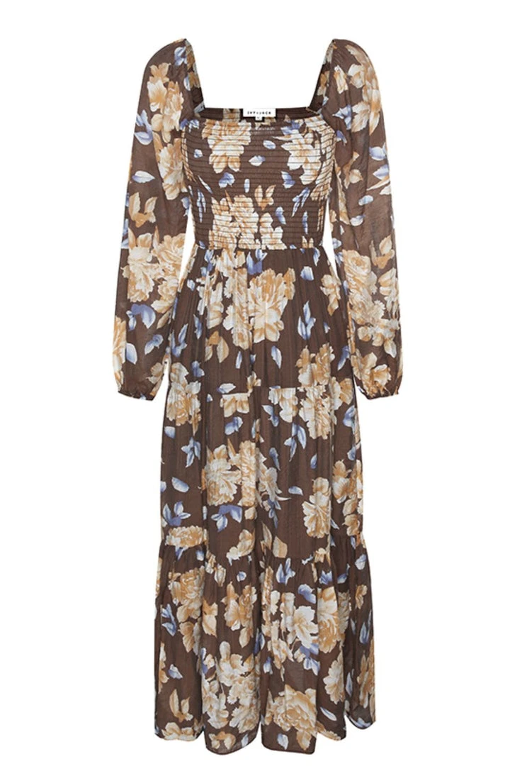 Ivy + Jack Ruby Mocha Floral LS Shirred Bodice Tiered Midi Dress Fashion 6 Ivy + Jack Ruby Mocha Floral LS Shirred Bodice Tiered Midi Dress Fashion