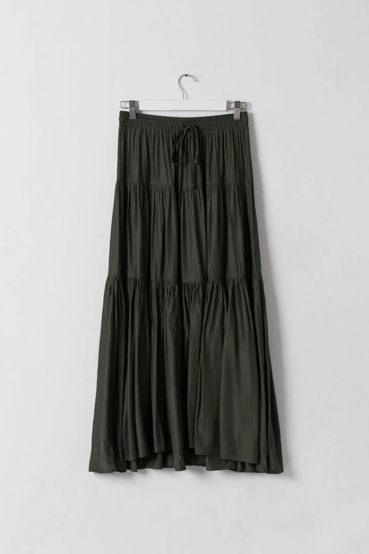 Among The Brave Sensational Dark Khaki Tiered Satin Tie Waist Maxi Skirt 8 Among The Brave Sensational Dark Khaki Tiered Satin Tie Waist Maxi Skirt