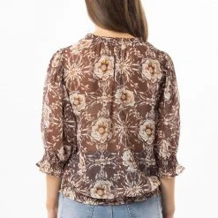 Seeking Lola Fae Brown Floral V Neck SS Shirred Hem Top Fashion