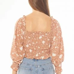 Seeking Lola Fashion Angelic Toffee Bloom Puff LS Shirred Bodice Top