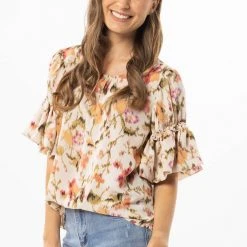 Seeking Lola Vibrant Ivory Smudge Bubble Frilled SS Top