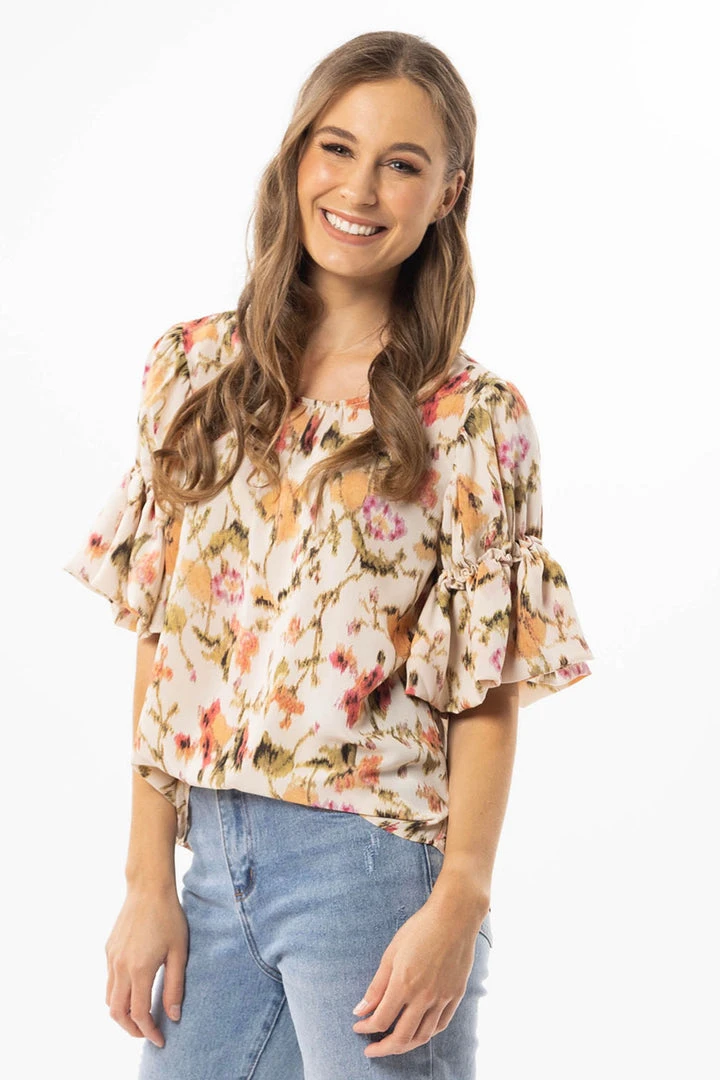 Seeking Lola Vibrant Ivory Smudge Bubble Frilled SS Top 4 Seeking Lola Vibrant Ivory Smudge Bubble Frilled SS Top