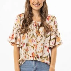 Seeking Lola Vibrant Ivory Smudge Bubble Frilled SS Top