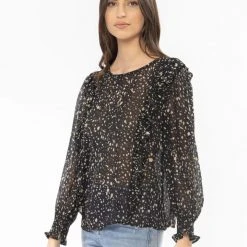 Seeking Lola Fashion Resillient Black Gold Glitter LS Frill Top