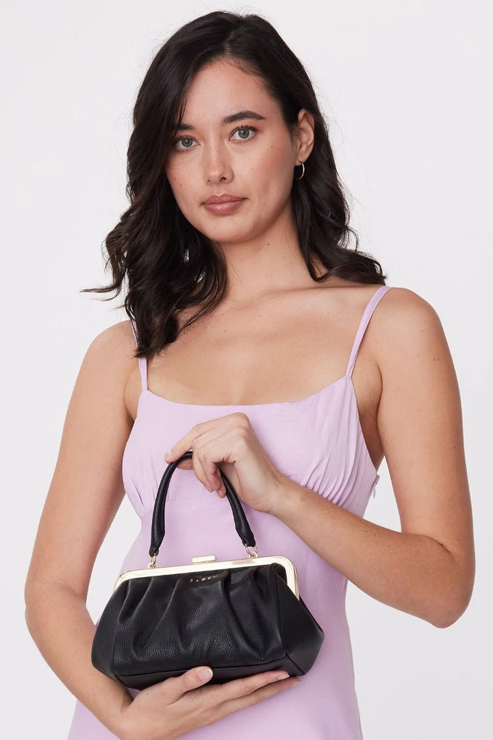 Saben Accessories Gigi Black Leather Vintage Small Frame Bag With Gold Clasp