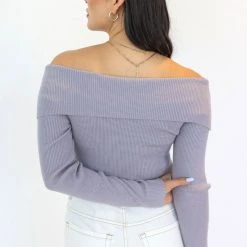 Among The Brave Sasha Dusty Lilac Off Shoulder Rib Knit Top Fashion