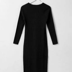 Among The Brave Skillful Charcoal Marle LS Rib Knit V Neck Midi Dress