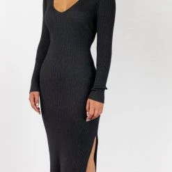 Among The Brave Skillful Charcoal Marle LS Rib Knit V Neck Midi Dress