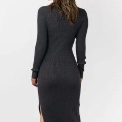 Among The Brave Skillful Charcoal Marle LS Rib Knit V Neck Midi Dress