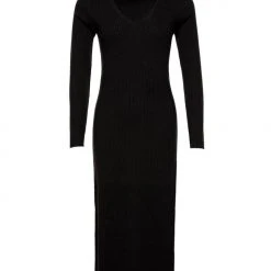 Among The Brave Skillful Charcoal Marle LS Rib Knit V Neck Midi Dress