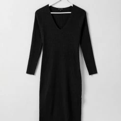 Among The Brave Skillful Charcoal Marle LS Rib Knit V Neck Midi Dress