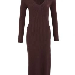Among The Brave Fashion Skillful Tobacco Rib Knit LS V Neck Midi Dress