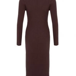 Among The Brave Fashion Skillful Tobacco Rib Knit LS V Neck Midi Dress
