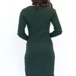 Among The Brave Skillful Forest Rib Knit LS V Neck Midi Dress Fashion