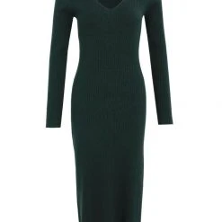 Among The Brave Skillful Forest Rib Knit LS V Neck Midi Dress Fashion