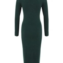 Among The Brave Skillful Forest Rib Knit LS V Neck Midi Dress Fashion