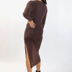 Among The Brave Fashion Skillful Tobacco Rib Knit LS V Neck Midi Dress