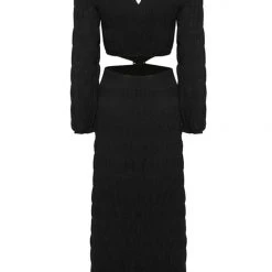 Ivy + Jack Skyler Black Shirred Cotton LS V Neck Waist Cut Out Maxi Dress Fashion 13 Ivy + Jack Skyler Black Shirred Cotton LS V Neck Waist Cut Out Maxi Dress Fashion