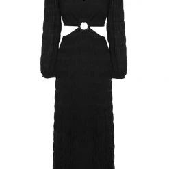 Ivy + Jack Skyler Black Shirred Cotton LS V Neck Waist Cut Out Maxi Dress Fashion 12 Ivy + Jack Skyler Black Shirred Cotton LS V Neck Waist Cut Out Maxi Dress Fashion