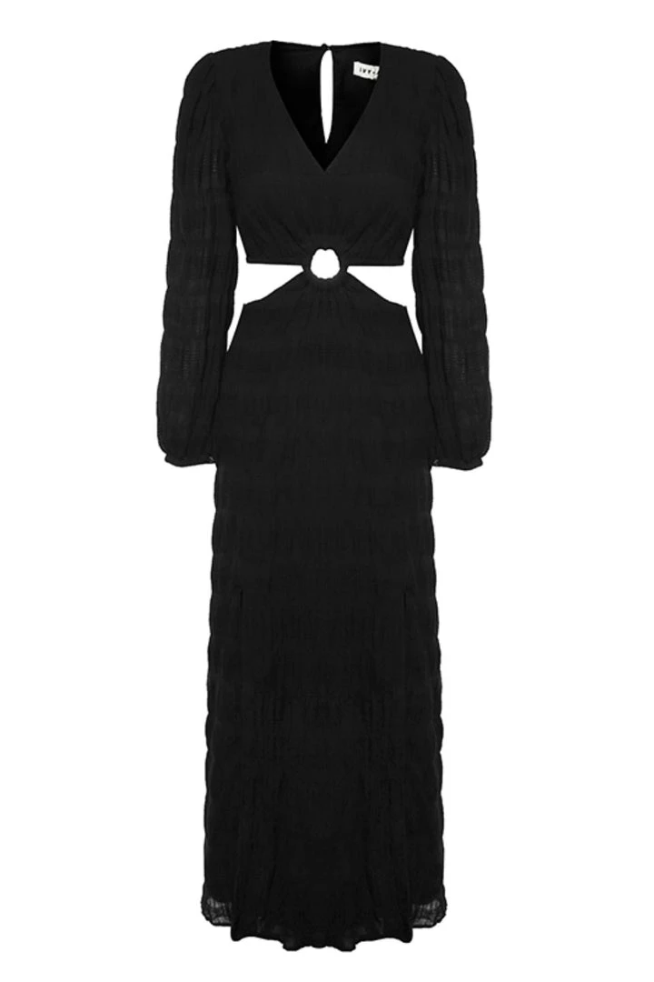 Ivy + Jack Skyler Black Shirred Cotton LS V Neck Waist Cut Out Maxi Dress Fashion 7 Ivy + Jack Skyler Black Shirred Cotton LS V Neck Waist Cut Out Maxi Dress Fashion