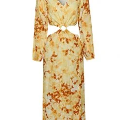 Ivy + Jack Skyler Marigold Floral LS V Neck Waist Cut Out Maxi Dress