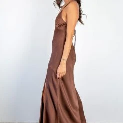 Among The Brave Fashion Slinky Chocolate Satin Strappy Crossover Tie Back Bias Midi Dress