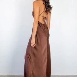 Among The Brave Fashion Slinky Chocolate Satin Strappy Crossover Tie Back Bias Midi Dress