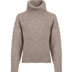 Among The Brave Soulful Mink Super Soft Cable Sleeve Raglan Cropped Roll Neck Knit Fashion