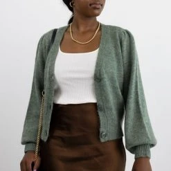 Among The Brave Spirited Soft Khaki Mohair Blend Balloon Sleeve Cropped Cardigan Fashion