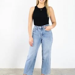 Among The Brave Molly Mid Blue Wide Leg Cropped Denim Jean