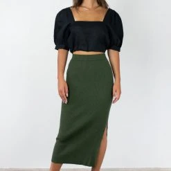 Among The Brave Possibility Khaki Rib Knit Midi Skirt Fashion