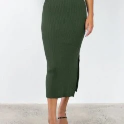 Among The Brave Possibility Khaki Rib Knit Midi Skirt Fashion