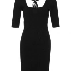 Among The Brave Fashion Titan Black Square Neck Tie Back Half Sleeve Rib Knit Mini Dress