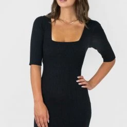 Among The Brave Fashion Titan Black Square Neck Tie Back Half Sleeve Rib Knit Mini Dress