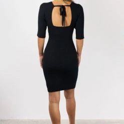 Among The Brave Fashion Titan Black Square Neck Tie Back Half Sleeve Rib Knit Mini Dress