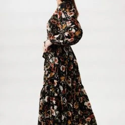 Among The Brave Twilight Large Black Floral LS Tiered Maxi Dress Fashion