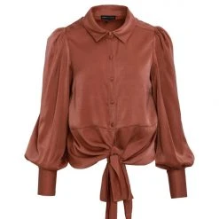 Among The Brave Victory Copper Satin Tie Front Puff Sleeve Shirt Fashion