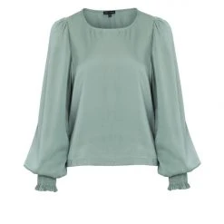 Among The Brave Fashion Violet Sea Foam LS Shirred Cuff Tie Hem Satin Top