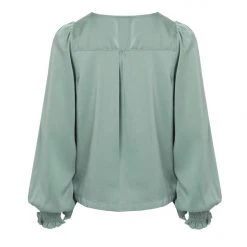 Among The Brave Fashion Violet Sea Foam LS Shirred Cuff Tie Hem Satin Top