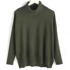 Among The Brave Vital Dark Khaki Soft Fine Gauge Relaxed Roll Neck Knit Fashion