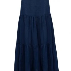 Among The Brave Blazing Navy Tiered Linen Midi Skirt Fashion