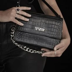 Stolen Big Trouble Black Croc Leather Shoulder Bag With Silver Chain Hardware Accessories