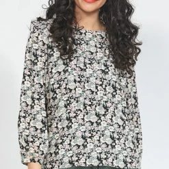 Ketz-Ke Fashion Divvy Black Ditsy Crew Neck LS Top