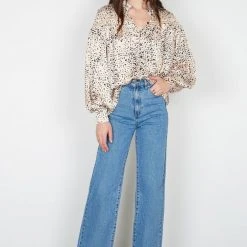 Esmaee Fashion Quartz Ivory Ditsy Leopard Satin Button Front LS Blouse