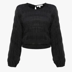 Ivy + Jack Fashion Carly Black Shirred Cotton LS Raglan Elastic Hem Crop Top