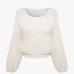 Ivy + Jack Fashion Carly Ecru Shirred LS Raglan Elastic Hem Crop Top