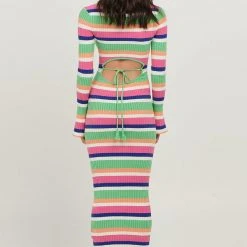 Charlie Holiday Martina Multi Stripe LS Midi Knit Dress Fashion